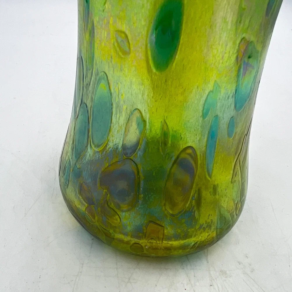 Glass Eye Studio Iridescent Hand Blown Art Glass Ruffle‎ Vase Green Blue